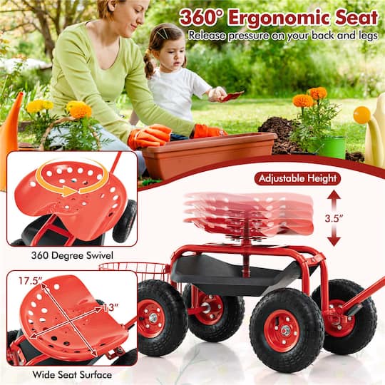 Costway Garden Cart Rolling Work Seat Wagon Scooter for Planting with Extendable Handle